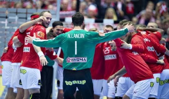 Denmark celebrates the victory in the men s IHF Handball World Championship Main Round Group 2 match between Denmark and Sweden in Herning Denmark Wednesday Jan 23 2019 Herning Jylland Denmark,  Copyright: HenningxBagger HenningxBaggerx COP105 spdk20190123-220756-L
