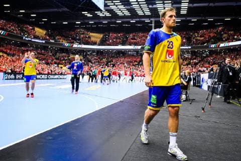 190123 Albin Lagergren of Sweden looks dejected after the IHF World Handball Championship match between Denmark and Sweden on January 23 2019 in Herning Photo Petter Arvidson BILDBYR u0081N kod PA 92213,  Copyright: PETTERxARVIDSON BB190123PA131