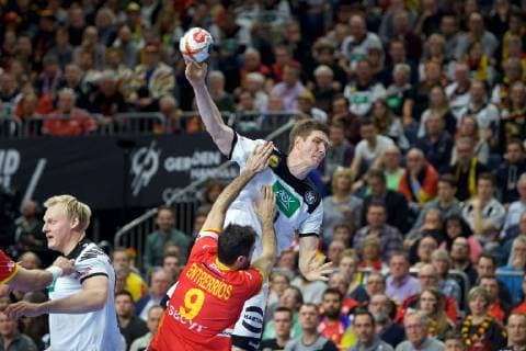 Handball Cologne 23 01 2019 Mens World Championship 2019 Mens World Championships Main Round Germany GER Spain ESP Finn Lemke Germany No 06 ENTRERRIOS RODRIGUEZ Raul Spain No 09