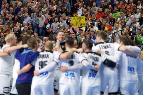 Handball Cologne 23 01 2019 Mens World Championship 2019 Mens World Championships Main Round Germany GER Spain ESP Jubilee after the victory Team GER Hamburg we are coming