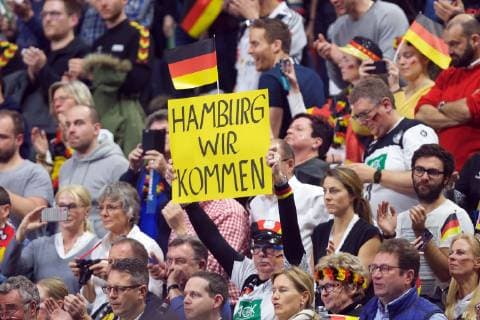 Handball Cologne 23 01 2019 Mens World Championship 2019 Mens World Championships Main Round Germany GER Spain ESP Jubilee after the victory Team GER Hamburg we are coming