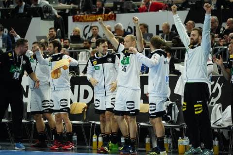 GER IHF WM 2019 Germany GER vs Spain ESP 23 01 2019 Lanxess Arena Cologne GER IHF WM 2019 Germany GER vs Spain ESP in picture picture shows the bank is happy about a goal nordphotox xMeuter nph00351