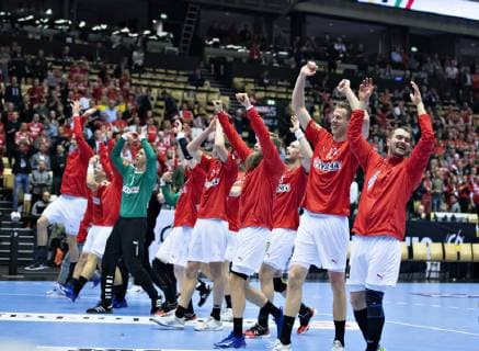 Denmark celebrates the victory in the men s IHF Handball World Championship Main Round Group 2 match between Denmark and Sweden in Herning Denmark Wednesday Jan 23 2019 Herning Jylland Denmark,  Copyright: HenningxBagger HenningxBaggerx COP105 spdk20190123-221553-L