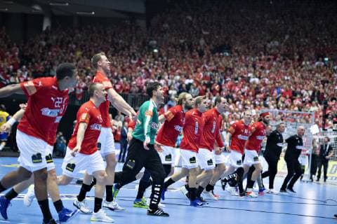 Denmark celebrates the victory in the men s IHF Handball World Championship Main Round Group 2 match between Denmark and Sweden in Herning Denmark Wednesday Jan 23 2019 Herning Jylland Denmark,  Copyright: HenningxBagger HenningxBaggerx COP105 spdk20190123-221722-L