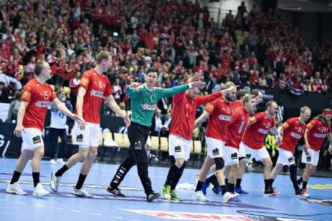 Denmark celebrates the victory in the men s IHF Handball World Championship Main Round Group 2 match between Denmark and Sweden in Herning Denmark Wednesday Jan 23 2019 Herning Jylland Denmark,  Copyright: HenningxBagger HenningxBaggerx COP105 spdk20190123-221805-L