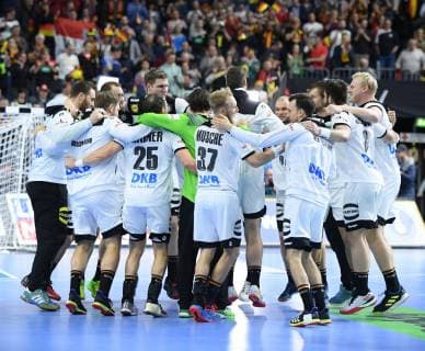 The German team celebrates its victory after the match main round Germany Spain in Cologne Germany on 23 01 2019 IHF Mens Handball World Championship in Germany and Denmark 2019