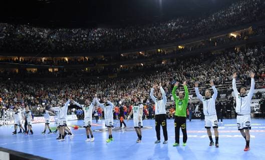 The German team celebrates its victory after the match main round Germany Spain in Cologne Germany on 23 01 2019 IHF Mens Handball World Championship in Germany and Denmark 2019