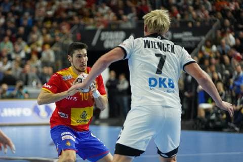 GER IHF WM 2019 Germany GER vs Spain ESP 23 01 2019 Lanxess Arena Cologne GER IHF WM 2019 Germany GER vs Spain ESP in picture picture shows Alex Dujshebaev ESP 10 in duel against Patrick Wiencek GER 7 nordphotox xMeuter nph00351