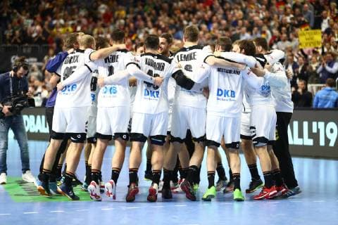 the German team celebrates the sSeg Germany vs Spain IHF Men Handball World Championship 23 01 2019 photographer Neis Eibner Germany vs Spain IHF Women Handball World Championship 23 01 2019 Cologne Copyright: xEIBNER Alexander_Neisx EP_ANS
