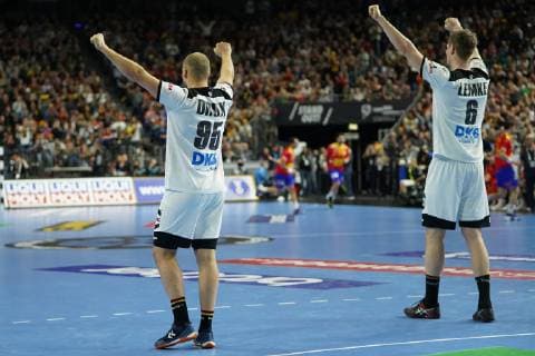 GER IHF WM 2019 Germany GER vs Spain ESP 23 01 2019 Lanxess Arena Cologne GER IHF WM 2019 Germany GER vs Spain ESP in picture picture shows Paul Drux GER 95 and Finn Lemke GER 6 are pleased nordphotox xMeuter nph00351