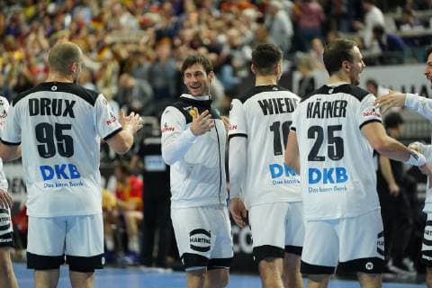 GER IHF WM 2019 Germany GER vs Spain ESP 23 01 2019 Lanxess Arena Cologne GER IHF WM 2019 Germany GER vs Spain ESP in picture picture shows after the end of the game the Germans are happy about the win Kai Häfner Haefner GER 25 Uwe Gensheimer GER 3 Paul Drux GER 95 Fabian Wiede GER 10 nordphotox xMeuter nph00351