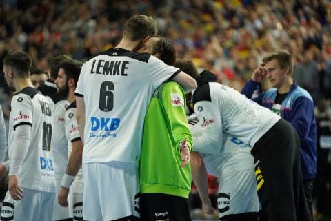 GER IHF WM 2019 Germany GER vs Spain ESP 23 01 2019 Lanxess Arena Cologne GER IHF WM 2019 Germany GER vs Spain ESP in picture picture shows after the end of the game the Germans are happy about the win Kai Häfner Haefner GER 25 Uwe Gensheimer GER 3 Paul Drux GER 95 Fabian Wiede GER 10 Finn Lemke GER 6 Silvio Heinevetter Goalke GER 12 nordphotox xMeuter nph00351