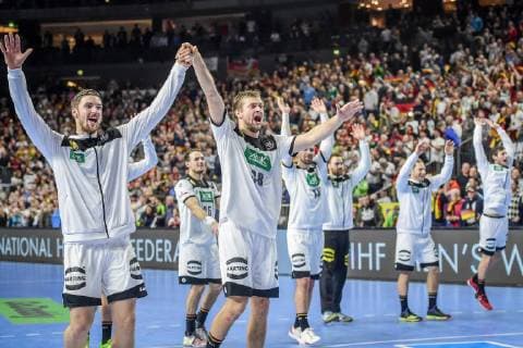 Cologne Germany 23 01 2019 IHF Handball WM 2019 Main Round Germany Spain The German Team Cheers Fabian Bohm GER Fabian Wiede GER laughs laughter DeFodi520