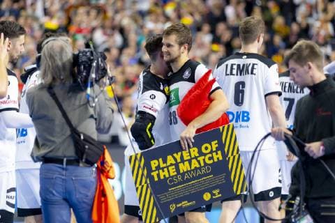 Fabian Boehm No 38 Germany voted Player of the Match PotM Germany vs Spain Main Round Handball IHF Handball World Championship 23 01 19 Cologne North Rhine-Westphalia Germany Lanxess Arena Copyright: xAgentur54Gradx xFelixxKoenigx