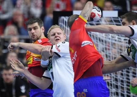 Julen Aguinagalde Akizu 13 ESP and Patrick Wiencek 7 GER look to the game scene main round Germany Spain in Cologne Germany on 23 01 2019 IHF Handball World Championship of Men in Germany and Denmark 2019
