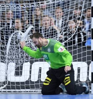 Goalkeeper Andreas Wolf 33 GER kneels on the ground Main round Germany Spain in Cologne Germany on 23 01 2019 IHF Mens Handball World Championship in Germany and Denmark 2019