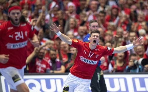 January 23, 2019 - Herning, Denmark - Lasse Swann (17), Denmark is celebrating a goal during the group C handball match between Denmark and Sweden in Jyske Bank Boxen in Herning during the 2019 IHF Handball World Championship WM Weltmeisterschaft in Germany Denmark. Handball 2019: Denmark-Sweden - ZUMAm173 20190123_zsp_m173_002 Copyright: xLarsxMoellerx