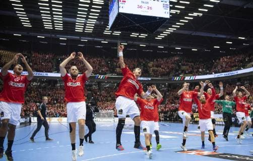 January 23, 2019 - Herning, Denmark - The Danish players are celebrating the victory and the qualification in the semifinal during the group C handball match between Denmark and Sweden in Jyske Bank Boxen in Herning during the 2019 IHF Handball World Championship WM Weltmeisterschaft in Germany Denmark. Handball 2019: Denmark-Sweden - ZUMAm173 20190123_zsp_m173_026 Copyright: xLarsxMoellerx