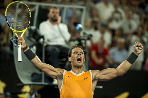 MELBOURNE, AUSTRALIA - JANUARY 24 : Rafael Nadal of ÊSpain celebrates winning the semifinals on day 11 of the Australian Open on January 24 2019, at Melbourne Park in Melbourne, Australia.(Photo by Jason Heidrich Icon Sportswire) TENNIS: JAN 24 Australian Open Icon19012421811 EDITORIAL USE ONLY