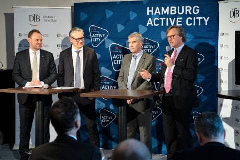Andy Grote Sports Senator Alexander Otto Entrepreneur ECE Project management and patron Ulrich Klaus DTB President Dr Carsten Lütten 1 Chairman Club at the Alster Starting signal for the modernisation of the Rothenbaum Stadium Project partners present measures to modernise tennis grounds Hamburg Rotherbaum Hamburg Hamburg Germany Center Court Restaurant Rothenba