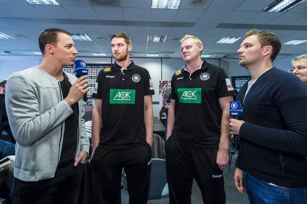 Cologne Germany 22 January 2019 World Cup 2019 Men Main Round Germany Press Conference v left ARD Expert Dominik Klein Hendrik Pekeler Germany THW Kiel Patrick Wiencek Germany THW Kiel ARD Moderator Lennert Brinkhoff Cologne AOK Nordrhein Westfalen Germany