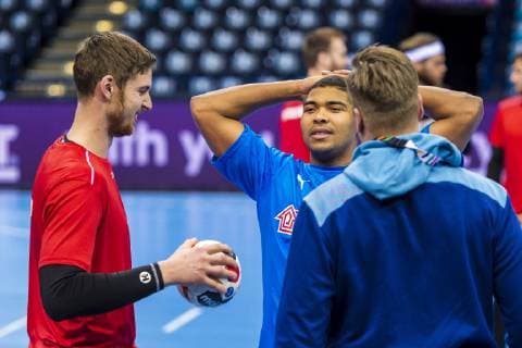 Hamburg Germany 24 January 2019 World Cup 2019 Men Semifinals Germany Press conference v left Hendrik Pekeler Germany THW Kiel with Mads Mensah Larsen Hamburg Barclaycard Arena Germany