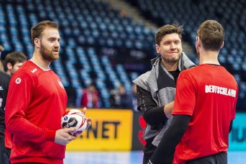 Hamburg Germany 24 January 2019 World Cup 2019 Men Semifinals Germany Press Conference v li Goalkeeper Andreas Wolff Germany THW Kiel Niklas Landin Hendrik Pekeler Germany THW Kiel Hamburg Barclaycard Arena Germany