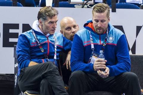Hamburg Germany 24 January 2019 World Cup 2019 Men Semifinals Germany Press Conference Physio Peter Gräschus Executive Board Sports Axel Kromer Team Manager Oliver Roggisch Germany Hamburg Barclaycard Arena Germany