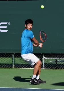 NEWPORT BEACH, CA - JANUARY 24: Kaichi Uchida (JPN) waits for the ball in a match played during the Oracle Challenger Series, on January 24, 2019, at the Newport Beach Tennis Club in Newport Beach, CA. (Photo by John Cordes Icon Sportswire) TENNIS: JAN 24 Oracle Challenger Series Icon506190124008 EDITORIAL USE ONLY