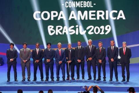 (190125) -- RIO DE JANEIRO, Jan. 25, 2019 (Xinhua) -- Representatives of the teams pose for group photos after the official draw ceremony of the CONMEBOL Copa America 2019 in Rio de Janeiro, Brazil, on Jan. 24, 2019. The draw result was Brazil, Bolivia, Venezuela and Peru in Group A, Argentina, Colombia, Paraguay and Qatar in Group B, Uruguay, Ecuador, Japan and Chile in Group C. The tournament will be held from June 14 to July 7 in 5 cities in Brazil. (Xinhua Li Ming) (SP)BRAZIL-RIO DE JANEIRO-CONMEBOL-COPA AMERICA 2019-DRAW