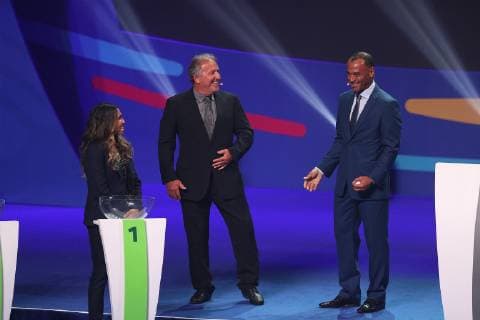 (190125) -- RIO DE JANEIRO, Jan. 25, 2019 (Xinhua) -- Brazil s former football players Zico (C) and Cafu (R) react during the official draw ceremony of the CONMEBOL Copa America 2019 in Rio de Janeiro, Brazil, on Jan. 24, 2019. The draw result was Brazil, Bolivia, Venezuela and Peru in Group A, Argentina, Colombia, Paraguay and Qatar in Group B, Uruguay, Ecuador, Japan and Chile in Group C. The tournament will be held from June 14 to July 7 in 5 cities in Brazil. (Xinhua Li Ming) (SP)BRAZIL-RIO DE JANEIRO-CONMEBOL-COPA AMERICA 2019-DRAW