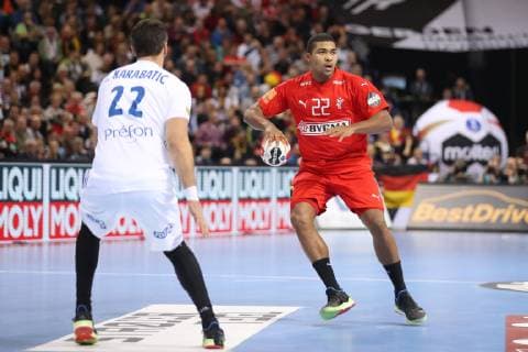 26th Mens Handball World Championship Denmark vs France 25 01 19 Mads Mensah Denmark 22 vs Luka Karabatic France 22 xmmkx