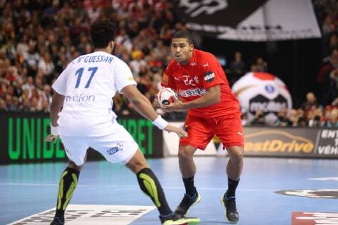26th Mens Handball World Championship Denmark vs France 25 01 19 Mads Mensah Denmark 22 vs Timothey N Guessan France 17 xmmkx