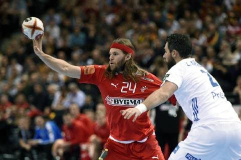 Mikkel Hansen in action at the World Cup semifinal between Denmark France in Hamburg Germany Friday, January 25, 2019 Hamburg Germany Denmark,  Copyright: LiselottexSabroex COP102 spdk20190125-174523-L