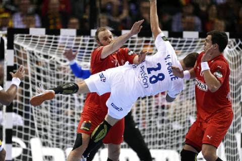 Henrik Moellgaard TV and Rasmus Lauge in action at the World Cup semi-final between Denmark France in Hamburg Germany Friday, January 25, 2019 Hamburg Germany Denmark,  Copyright: LiselottexSabroex COP102 spdk20190125-175238-L