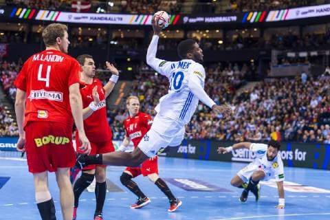 Hamburg Germany 25 January 2019 WM 2019 Men Semifinals Germany vs Norway vs Magnus Landin Denmark Rasmus Lauge Schmidt Denmark SG Flensburg Handewitt Dika Mem France Hamburg Barclaycard Arena Germany