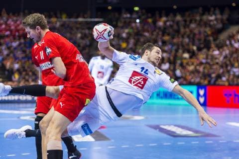 Hamburg Germany 25 January 2019 World Cup 2019 Men Semifinals Germany vs Norway vs Magnus Landin Denmark Kentin Mahe France Hamburg Barclaycard Arena Germany