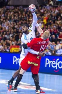 Hamburg Germany 25 January 2019 World Cup 2019 Men Semifinals Germany vs Norway v left in duel Dika Mem France Anders Zachariassen Denmark Hamburg Barclaycard Arena Germany