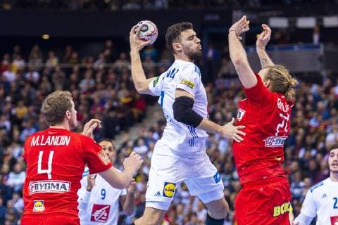 Hamburg Germany 25 January 2019 WM 2019 Men Semifinals Germany vs Norway vs Magnus Landin Denmark Nedim Remili France Henrik Mollgaard Jensen Denmark Hamburg Barclaycard Arena Germany