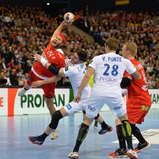 Handball Men World Championship 2019 in Germany and Denmark 1 Semifinal Denmark France Mikkel Hansen Nr 24 Denmark Ludovic Fabregas Nr 23 France Valentin Porte Nr 28 France Anders Zachariassen Nr 14 Denmark 25 01 19 Copyright: xMichaelxHundtx xMatthiasxKochx