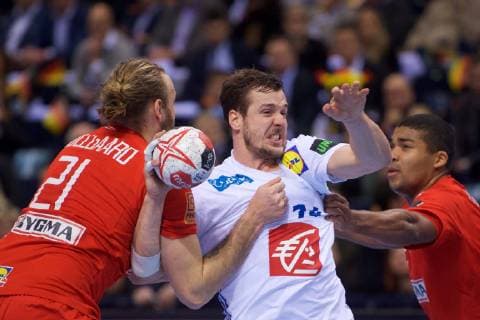 Handball Hamburg 25 01 2019 World Championships 2019 Mens World Championships Semifinals Denmark DAN vs France FRA MAHE Kentin France No 14 MoLLGAARD Henrik Möllgaard Mollgaard Denmark No 21 MENSAH LARSEN Mads Denmark No 22