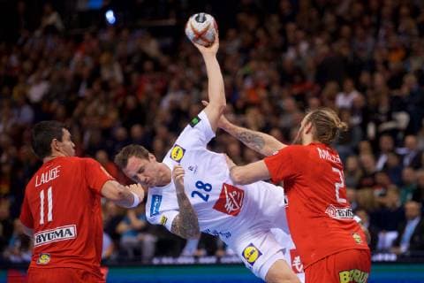Handball Hamburg 25 01 2019 World Championships 2019 Mens World Championships Semifinals Denmark DAN vs France FRA PORTE Valentin France No 28 MoLLGAARD Henrik Möllgaard Mollgaard Denmark No 21 LAUGE SCHMIDT Rasmus Denmark No 11