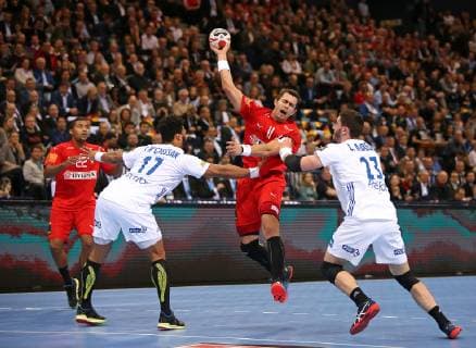 25 01 2019 Handball IHF World Championship Denmark and Germany 2019 Semifinals Denmark France at Barclaycard Arena Hamburg L R Mads Mensah Larsen Denmark Timothey N Guessan France Rasmus Lauge Schmidt Denmark Ludovic Fabregas France
