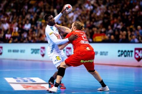 Hamburg 25 January 2019 Handball IHF Men s World Championship 2019 Denmark France Dika Mem France 10 Henrik Mollgaard Jensen Denmark 21