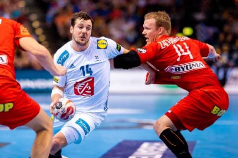 Hamburg 25 January 2019 Handball IHF Men s World Championship 2019 Denmark France Kentin Mahe France 14 Anders Zachariassen Denmark 14