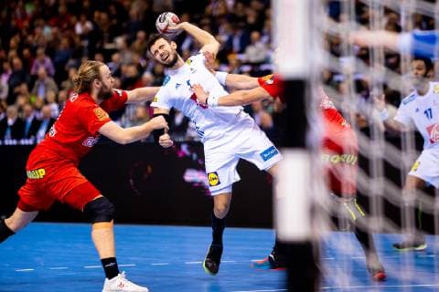 Hamburg 25 January 2019 Handball IHF Men s World Championship 2019 Denmark France Henrik Mollgaard Jensen Denmark 21 Nedim Remili France 5