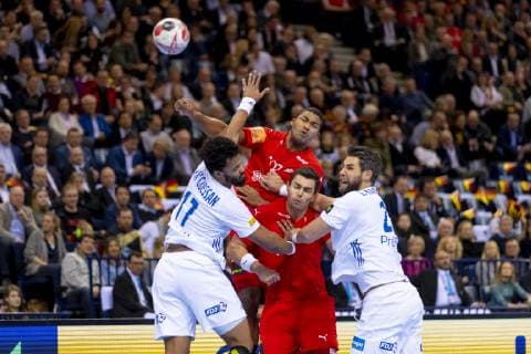 Mads Mensah Larsen No 22 Denmark vs Timothey N Guessan No 17 France and Luka Karabatic No 22 France Denmark vs France Semifinal Handball IHF Handball World Championship 25 01 19 Hamburg Hamburg Germany Barclaycard Arena Copyright: xAgentur54Gradx xFelixxKoenigx