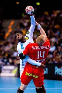 Hamburg 25 January 2019 Handball IHF Men s World Championship 2019 Denmark France Dika Mem France 10 Anders Zachariassen Denmark 14
