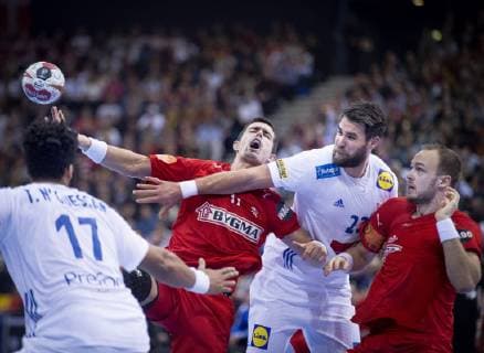 Rasmus Lauge and Henrik Toft Hansen of Denmark with Luka Karabatic of France during the men s IHF Handball World Championship semifinal between Denmark France in Hamburg Germany on Friday Jan 25 2019 Hamburg Denmark,  Copyright: Scanpix LiselottexSabroex COP102 spdk20190125-182444-L