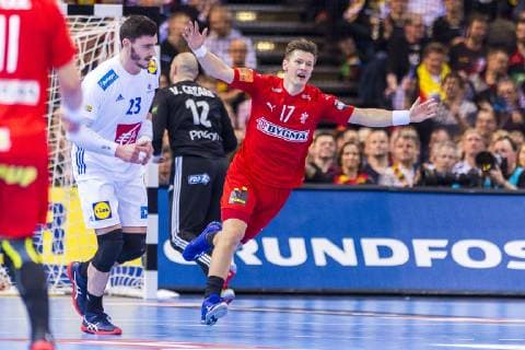 Hamburg Germany 25 January 2019 WM 2019 Men Semifinals Germany vs Norway vs Ludovic Fabregas France Lasse Svan Daenemark SG Flensburg Handewitt Jubel Jubel Emotion Torjubel Torschuetze Torschütze Hamburg Barclaycard Arena Germany